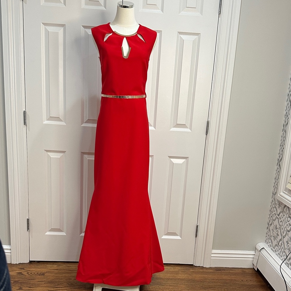 NWOT KeiKei Red Crepe Cutout Gold Belt Keyhole Mermaid Formal Prom Dress Size 8